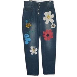 MISSLOOK Flower Daisy Hippie Painted Button Fly Blue Jeans Size M